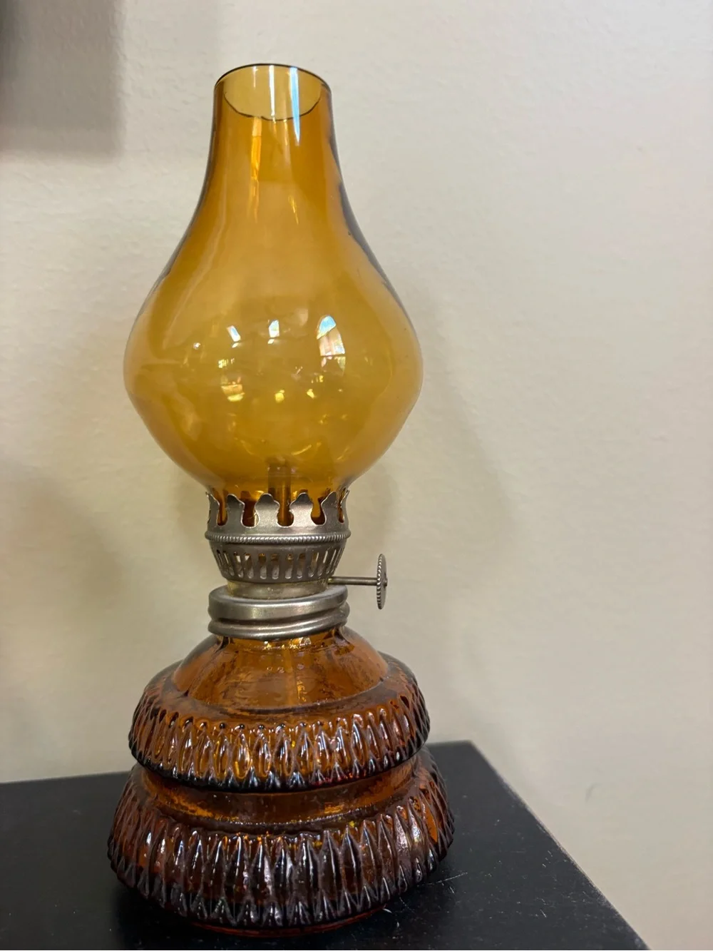 Vintage Amber Glass Oil Lamp 7”